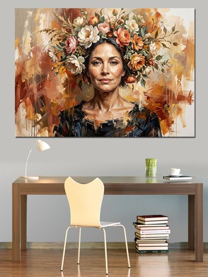 Karizma Tablo Rengarenk Çiçek Başlıklı Kadın Yüzü Dekoratif Kanvas - Mdf Ahşap Tablo