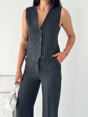 Pileli Store Pilelistore- Çizgili Tansel Kumaş Yelek Pantolon Ikili Takım Ofis Şık Modern - Füme