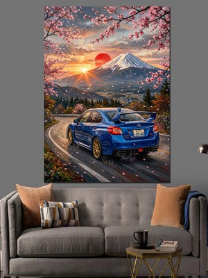 Karizma Tablo Gün Batımında Fuji ve Araba Dekoratif Kanvas - Mdf Ahşap Tablo