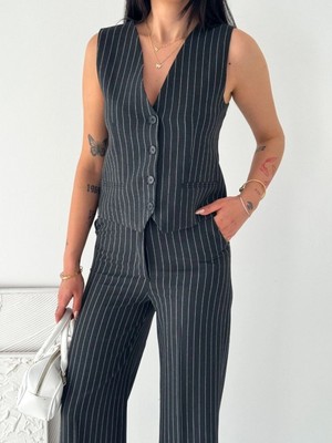 Pileli Store Kadın Çizgili Tansel Kumaş Yelek Pantolon Ikili Takım Ofis Şık Modern - Füme