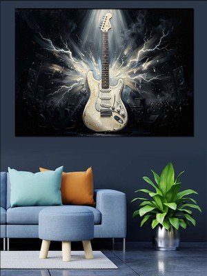 Karizma Tablo Işıklar Saçan Beyaz Elektro Gitar Dekoratif Kanvas - Mdf Ahşap Tablo