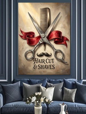 Karizma Tablo Makas ve Tarak Berber Amblemi Dekoratif Kanvas - Mdf Ahşap Tablo