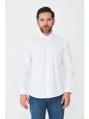 White Stone Beyaz Lacivert Çizgili Slim Fit Erkek Gömlek