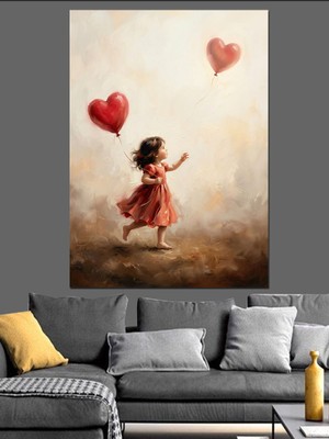 Karizma Tablo Balonlarla Koşan Küçük Kız Çocuğu Dekoratif Kanvas - Mdf Ahşap Tablo