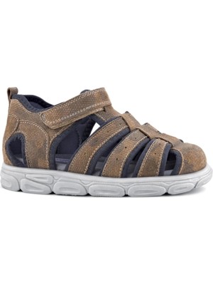 Rakerplus Hakiki Deri Kum Rengi Desenli Cırt Cırtlı Erkek Çocuk Sandalet