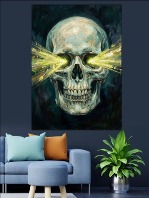 Karizma Tablo Gözlerinden Işık Çıkan Kurukafa Tasarımı Dekoratif Kanvas - Mdf Ahşap Tablo