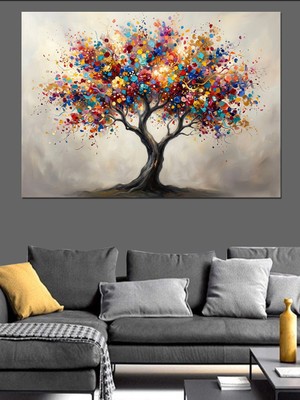 Karizma Tablo Rengarenk Yapraklı Sanatsal Hayat Ağacı Dekoratif Kanvas - Mdf Ahşap Tablo