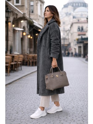 Barbora Yumuşak Dokulu Günlük Kadın Uzun Peluş Füme Ceket