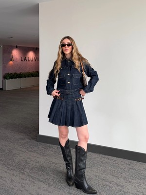 Laluvia Lacivert Pileli Etek Ceket Denim Takım - 0984