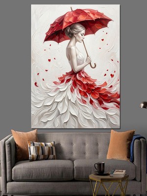 Karizma Tablo Kırmızı Şemsiyeli Beyaz Elbiseli Kadın Dekoratif Kanvas - Mdf Ahşap Tablo