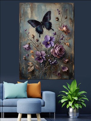 Karizma Tablo Mor Çiçekler ve Siyah Kelebek Dekoratif Kanvas - Mdf Ahşap Tablo