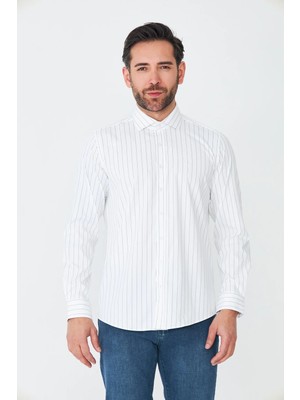 White Stone Beyaz Lacivert Çizgili Slim Fit Erkek Gömlek