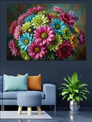 Karizma Tablo Rengarenk Papatya ve Çiçek Buketi Dekoratif Kanvas - Mdf Ahşap Tablo