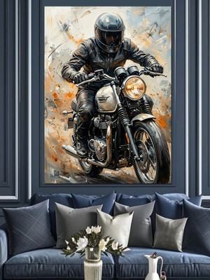 Karizma Tablo Motosiklet Süren Kasklı Sürücü Sanatı Dekoratif Kanvas - Mdf Ahşap Tablo