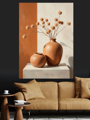 Karizma Tablo Rustik Vazoda Kurutulmuş Pamuk Dalları Dekoratif Kanvas - Mdf Ahşap Tablo