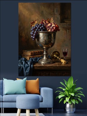 Karizma Tablo Gümüş Kupada Üzüm ve Natürmort Dekoratif Kanvas - Mdf Ahşap Tablo
