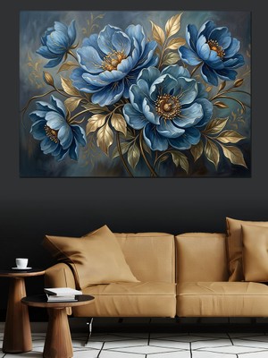 Karizma Tablo Mavi Tonlarda Büyük Çiçek Buketi Dekoratif Kanvas - Mdf Ahşap Tablo