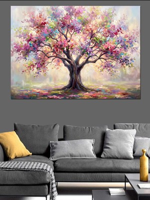 Karizma Tablo Pembe Çiçekli Büyük Hayat Ağacı Dekoratif Kanvas - Mdf Ahşap Tablo