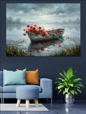 Karizma Tablo Sandalda Kırmızı Çiçekler Deniz Manzarası Dekoratif Kanvas - Mdf Ahşap Tablo