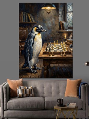 Karizma Tablo Satranç Oynayan Entelektüel Penguen Figürü Dekoratif Kanvas - Mdf Ahşap Tablo