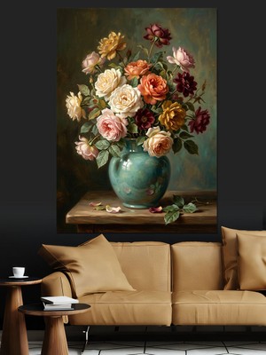 Karizma Tablo Turkuaz Vazoda Şık Çiçek Buketi Dekoratif Kanvas - Mdf Ahşap Tablo