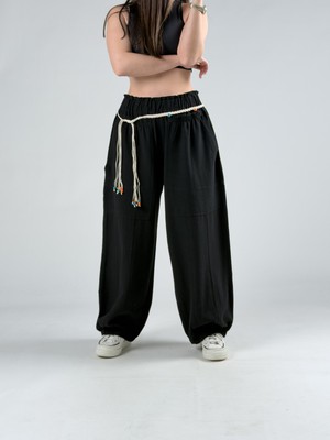 Cocopelli Tasarım Keten Siyah Baggy Pantolon COC2964
