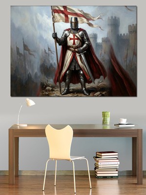 Karizma Tablo Haç Taşıyan Ortaçağ Şövalye Figürü Dekoratif Kanvas - Mdf Ahşap Tablo