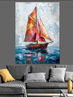 Karizma Tablo Boyalı ve Renkli Yelkenli Gemi Dekoratif Kanvas - Mdf Ahşap Tablo