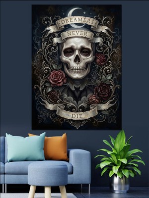 Karizma Tablo Güllerle Çevrili Zırhlı Iskelet Şövalye Dekoratif Kanvas - Mdf Ahşap Tablo