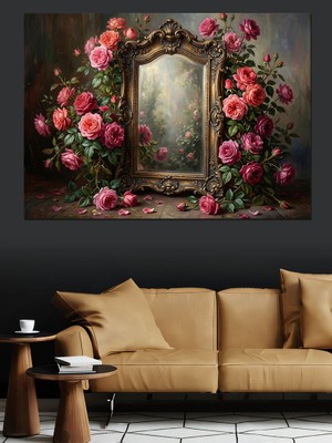 Karizma Tablo Güllerle Çevrili Antik Oda Aynası Dekoratif Kanvas - Mdf Ahşap Tablo
