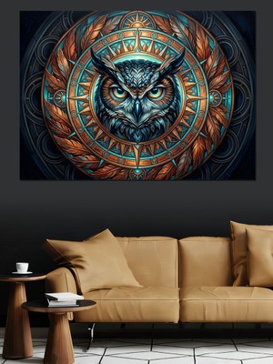 Karizma Tablo Etnik Desenli Geometrik Baykuş Tablosu Dekoratif Kanvas - Mdf Ahşap Tablo