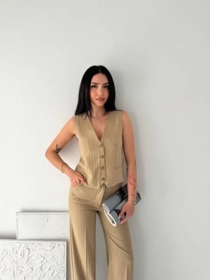 Pileli Store Pilelistore- Çizgili Tansel Kumaş Yelek Pantolon Ikili Takım Ofis Şık Modern - Bej