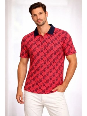 Pileli Store Pilelistore- Erkek Pike Kumaş Polo Yaka Palmiye Desenli Tişört Kısa Kol Yazlık T-Shirt - Kırmızı