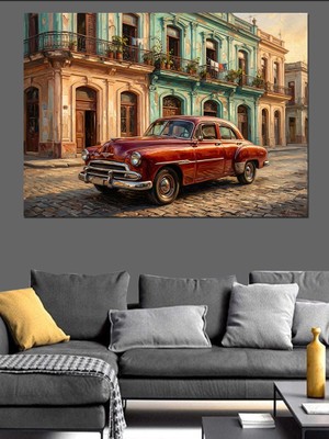 Karizma Tablo Küba Sokaklarında Kırmızı Klasik Araba Dekoratif Kanvas - Mdf Ahşap Tablo