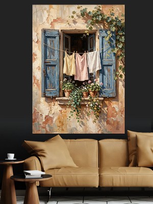 Karizma Tablo Pencere Kenarında Kuruyan Çamaşırlar Dekoratif Kanvas - Mdf Ahşap Tablo