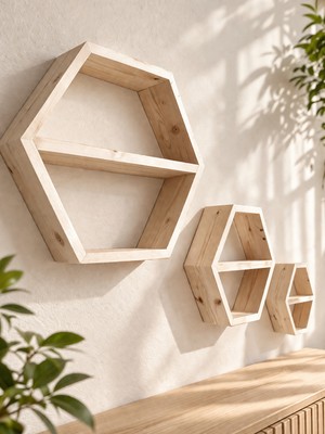 Nest Woodtr Doğal Çam Ahşap Altıgen 3'lü Dekoratif Raf Üçlü Set