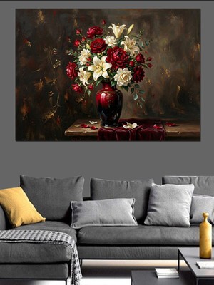 Karizma Tablo Vazoda Kırmızı ve Beyaz Güller Dekoratif Kanvas - Mdf Ahşap Tablo