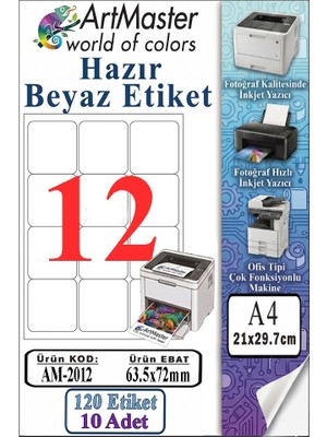 ArtMaster A4 Hazır Beyaz Etiket 63.5X72MM 10 Sayfa 1 Paket 12 Li Kendinden Yapışkanlı Fotokopi Lazer Inkjet Kağıdı Yazıcılar Için
