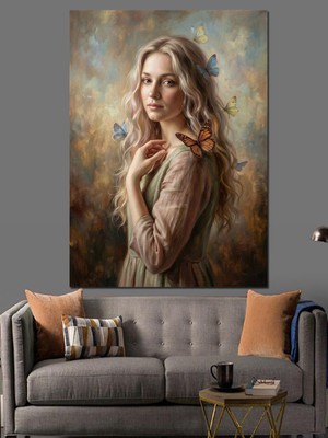 Karizma Tablo Kelebeklerle Çevrili Genç Kadın Portresi Dekoratif Kanvas - Mdf Ahşap Tablo