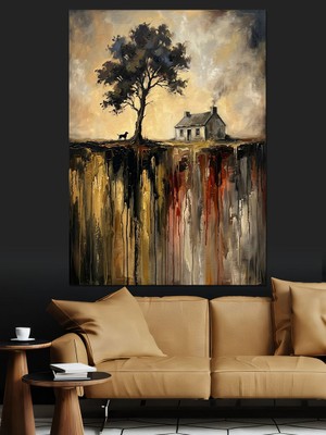 Karizma Tablo Uçurum Kenarındaki Ev ve Ağaç Dekoratif Kanvas - Mdf Ahşap Tablo
