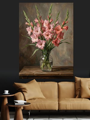 Karizma Tablo Vazoda Pembe Glayöl Çiçekleri Tablosu Dekoratif Kanvas - Mdf Ahşap Tablo