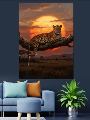 Karizma Tablo Gün Batımında Dalda Uyuyan Leopar Dekoratif Kanvas - Mdf Ahşap Tablo