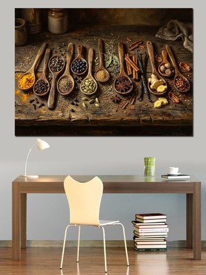 Karizma Tablo Mutfak Masasında Baharatlar ve Kaşıklar Dekoratif Kanvas - Mdf Ahşap Tablo