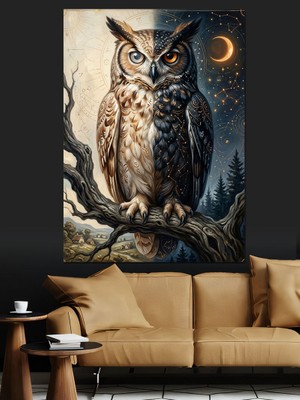 Karizma Tablo Gece Yarısı Dalda Bekleyen Baykuş Dekoratif Kanvas - Mdf Ahşap Tablo