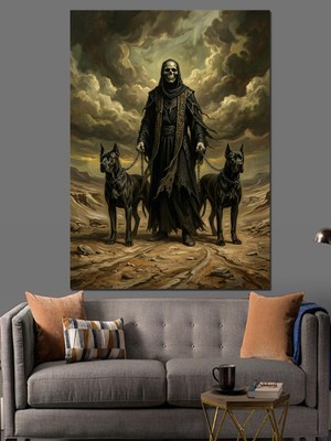 Karizma Tablo Iki Siyah Köpekli Azrail Figürü Dekoratif Kanvas - Mdf Ahşap Tablo