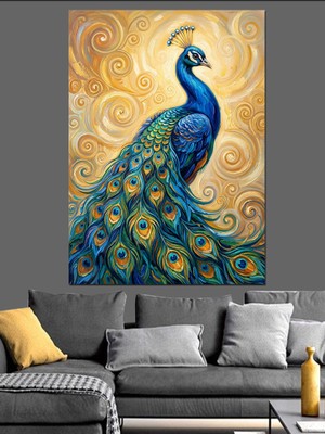 Karizma Tablo Altın Işlemeli Görkemli Tavus Kuşu Dekoratif Kanvas - Mdf Ahşap Tablo