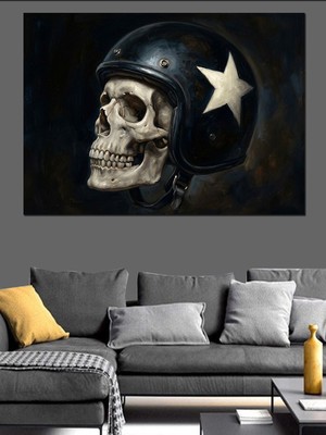 Karizma Tablo Kasklı Kurukafa ve Beyaz Yıldız Dekoratif Kanvas - Mdf Ahşap Tablo