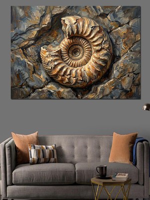 Karizma Tablo Kaya Üzerinde Kabartma Amonit Fosili Dekoratif Kanvas - Mdf Ahşap Tablo