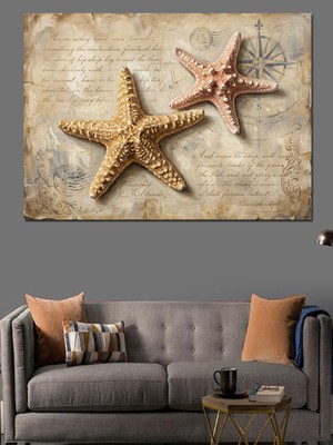 Karizma Tablo Deniz Yıldızları ve Antik Harita Dekoratif Kanvas - Mdf Ahşap Tablo