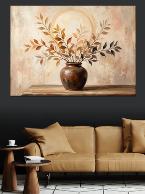 Karizma Tablo Vazoda Kurutulmuş Altın Rengi Dallar Dekoratif Kanvas - Mdf Ahşap Tablo